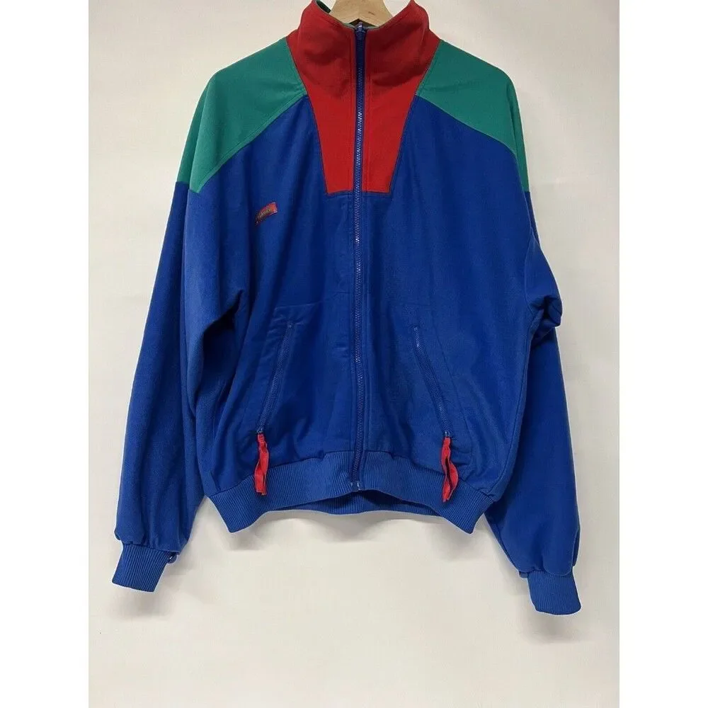 Vintage columbia jacket blue green color block red teal blue Mens XL felt fleece